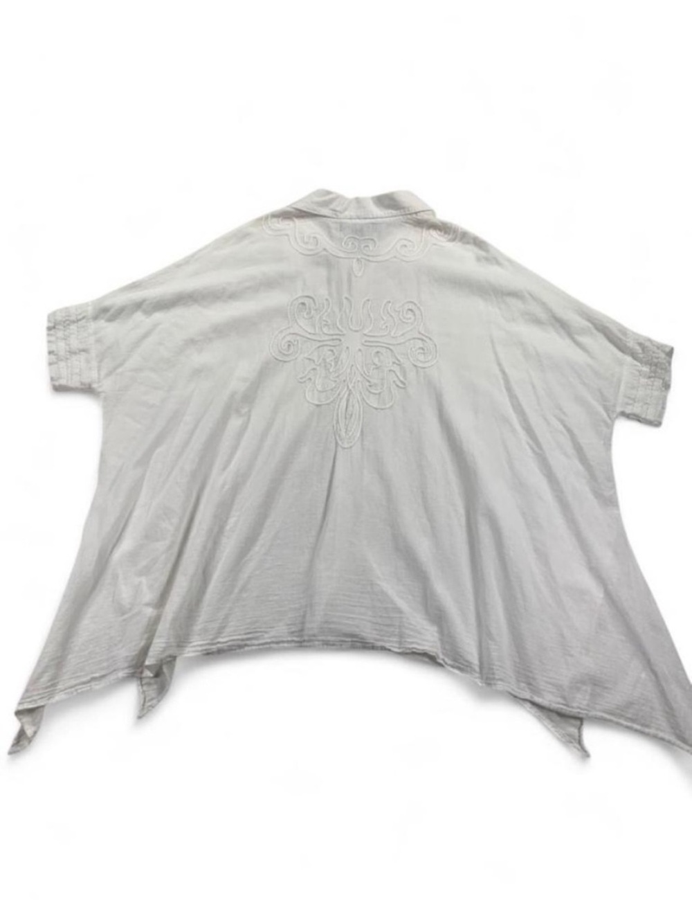 Gretty Zueger White Embroidered Oversized Short Sleeve Tunic Top Drop Shoulders